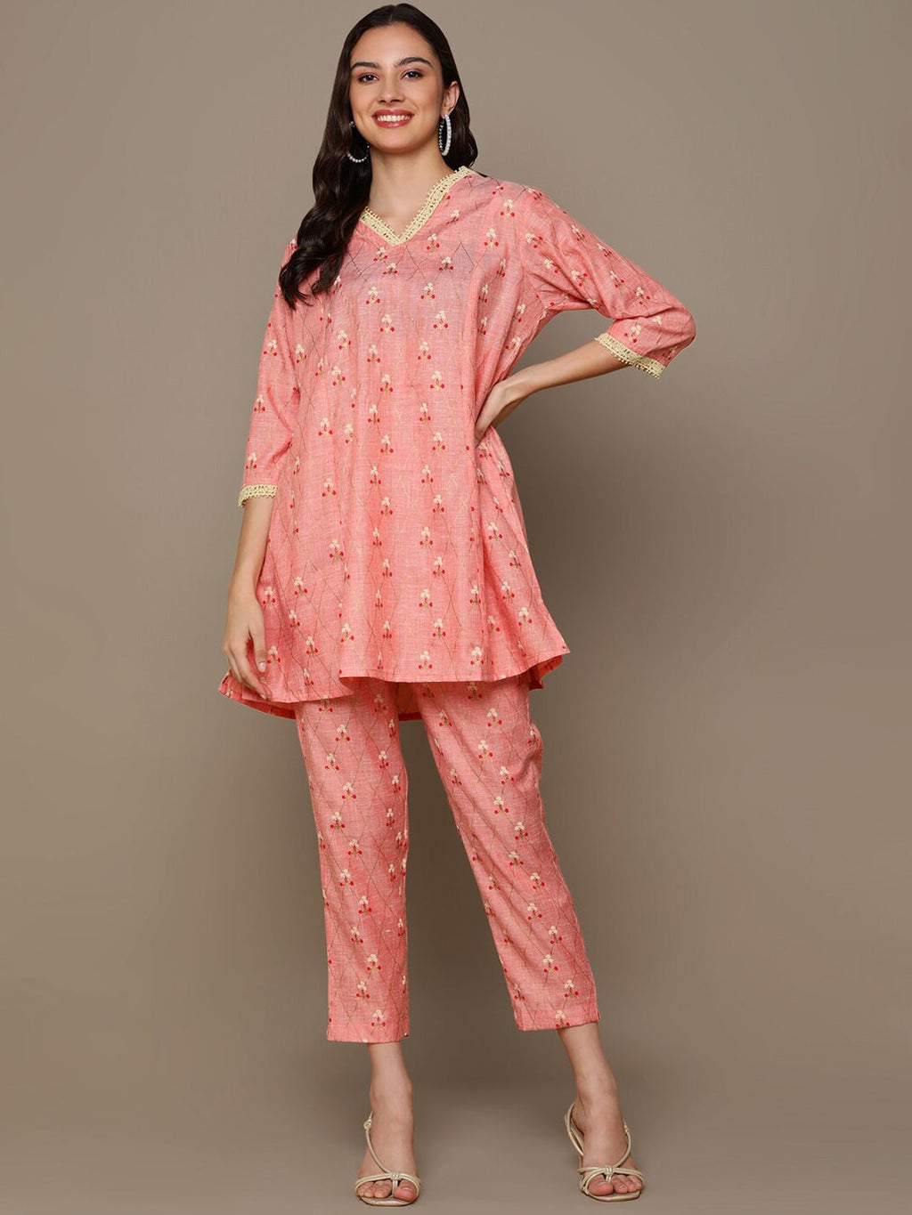HERE&NOW Orange Floral Printed A-Line Kurta Set