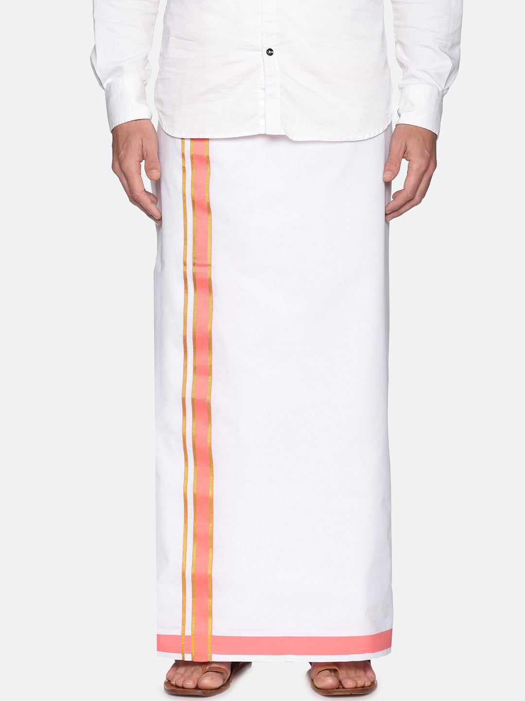 Sethukrishna Men White & Pink Solid Cotton Dhoti