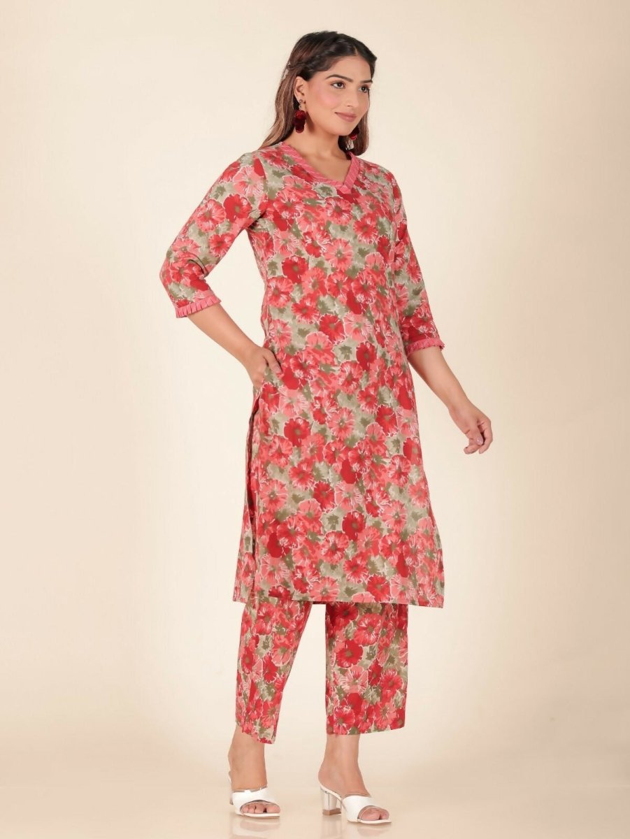 Aramya Red Soft Cotton Floral Print Panelled Kurta Set for Women