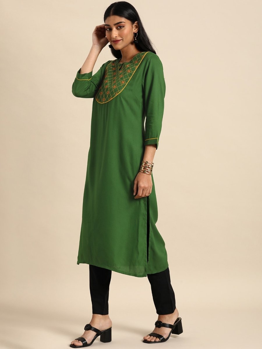 All About You Women Green Ethnic Motifs Yoke Design Keyhole Neck Straight Kurta