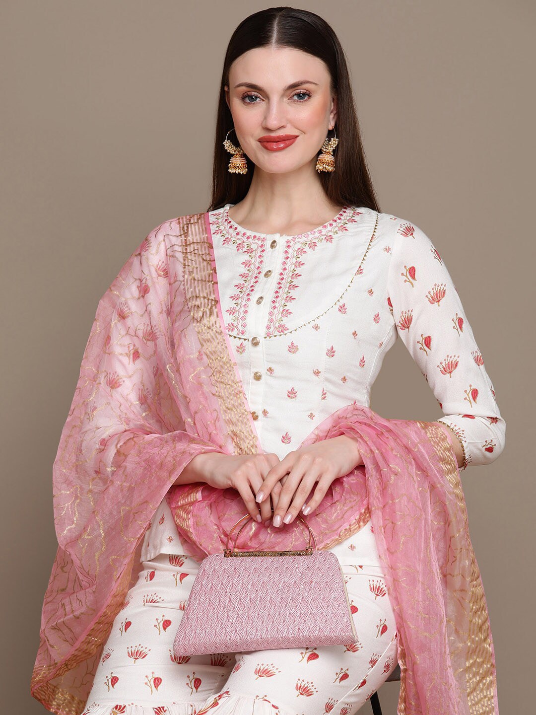 HERE&NOW Floral Embroidered Top with Sharara & Dupatta