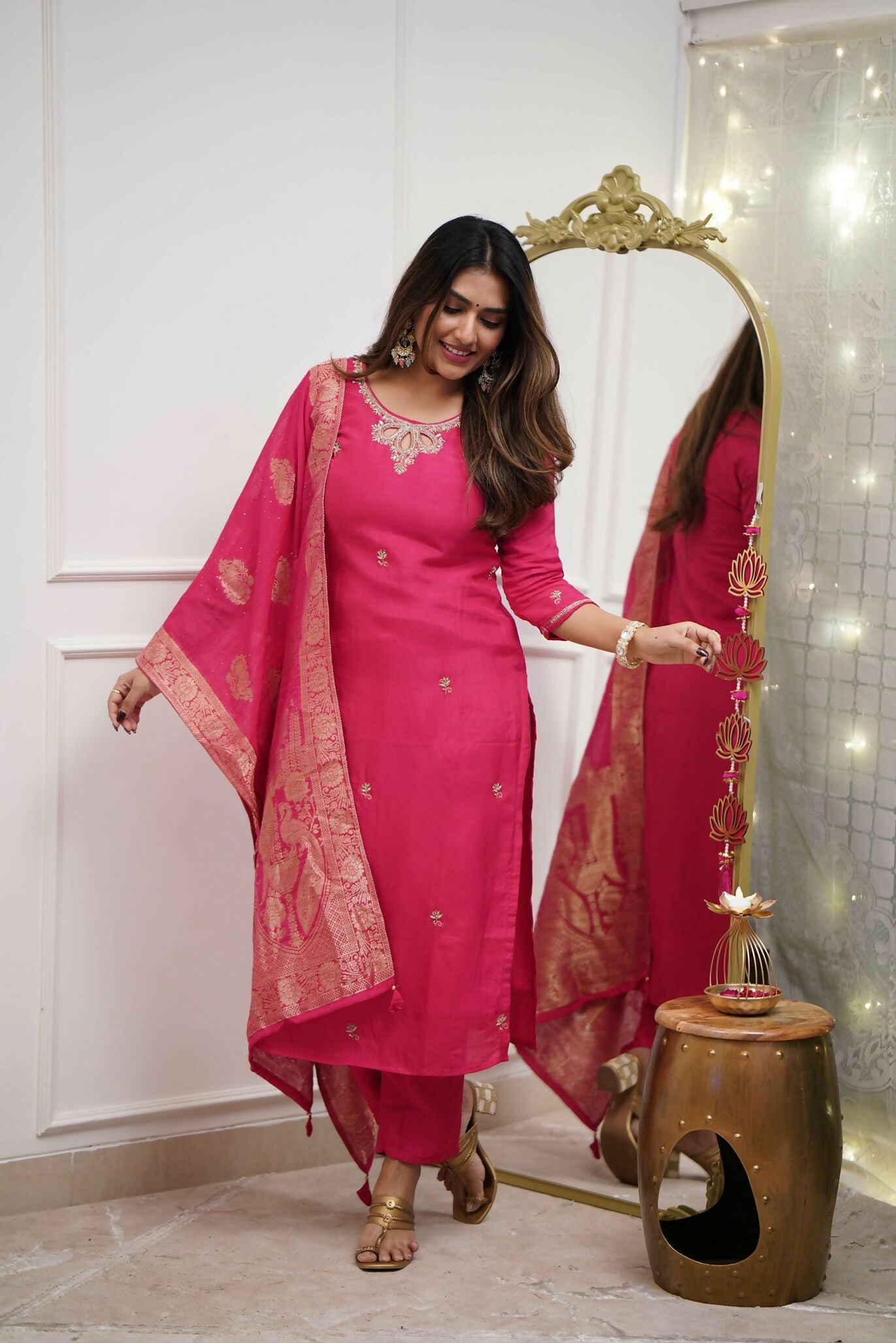 The52 Gajri Women's Gorgeous Embroidered Viscose Chanderi Fabric Straight Kurta Pant with Dupatta Set