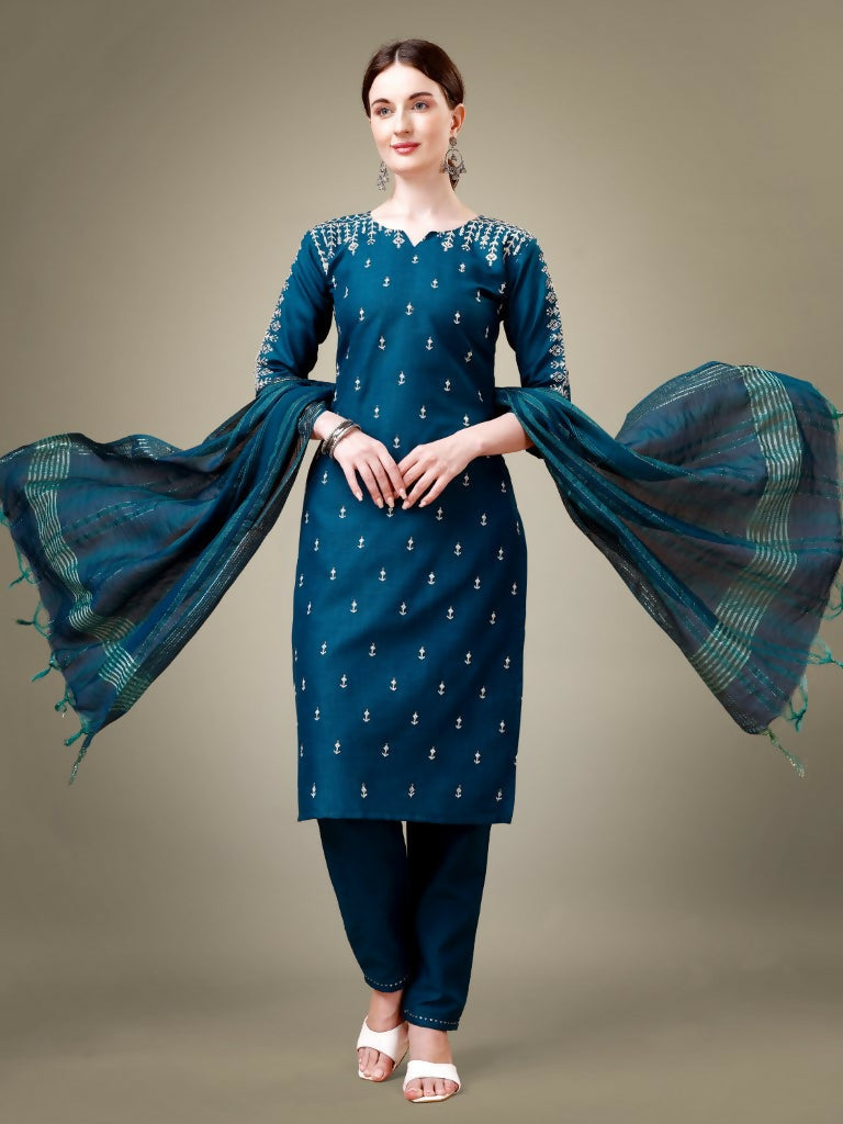 Jyoti Fashion Women's Morpich Cotton Blend Embroidery & Sequence work Kurta with Trouser & Dupatta