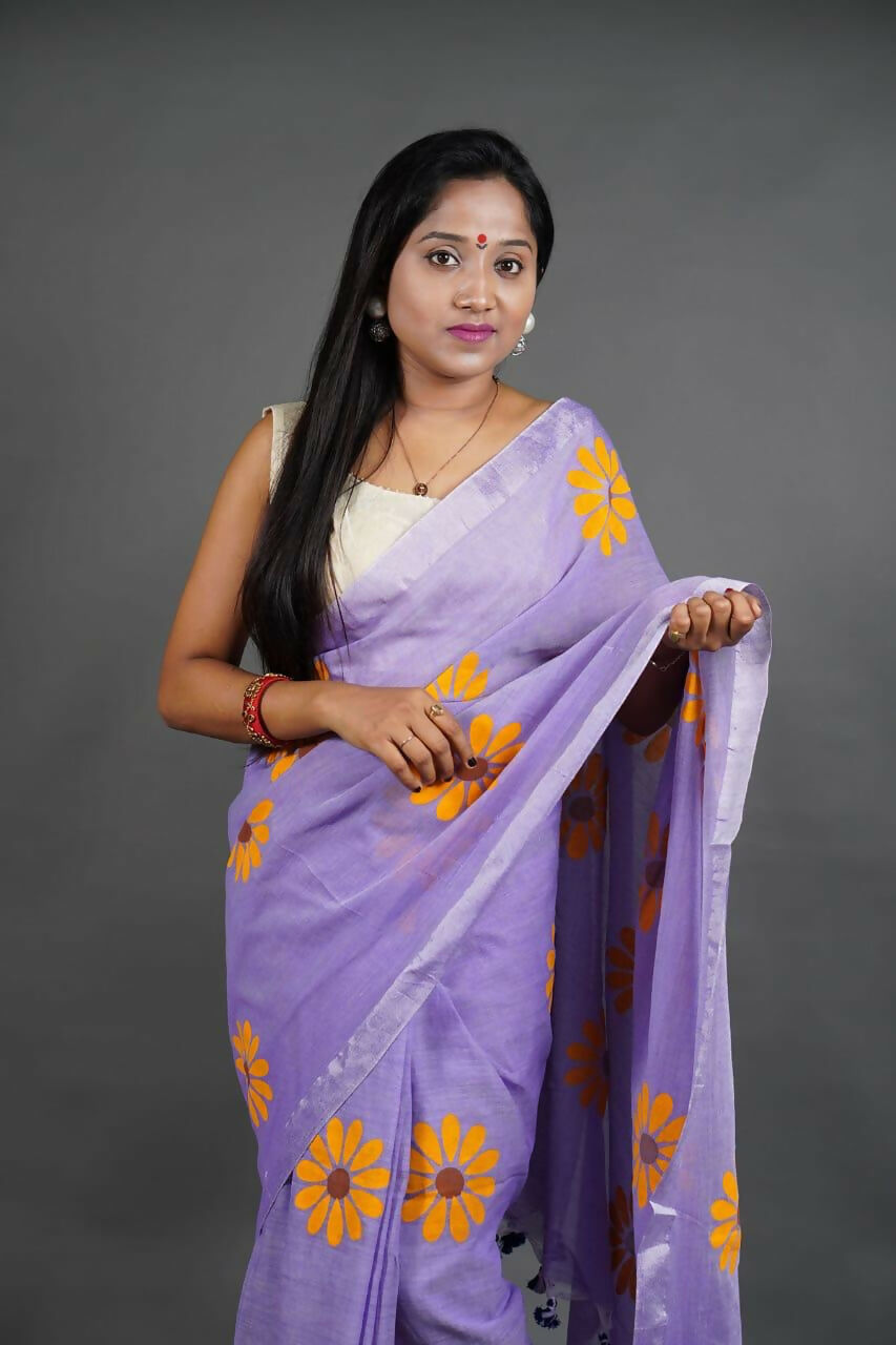 Exclusive Collection Light Violet Pure Cotton Saree With Sunflower Design