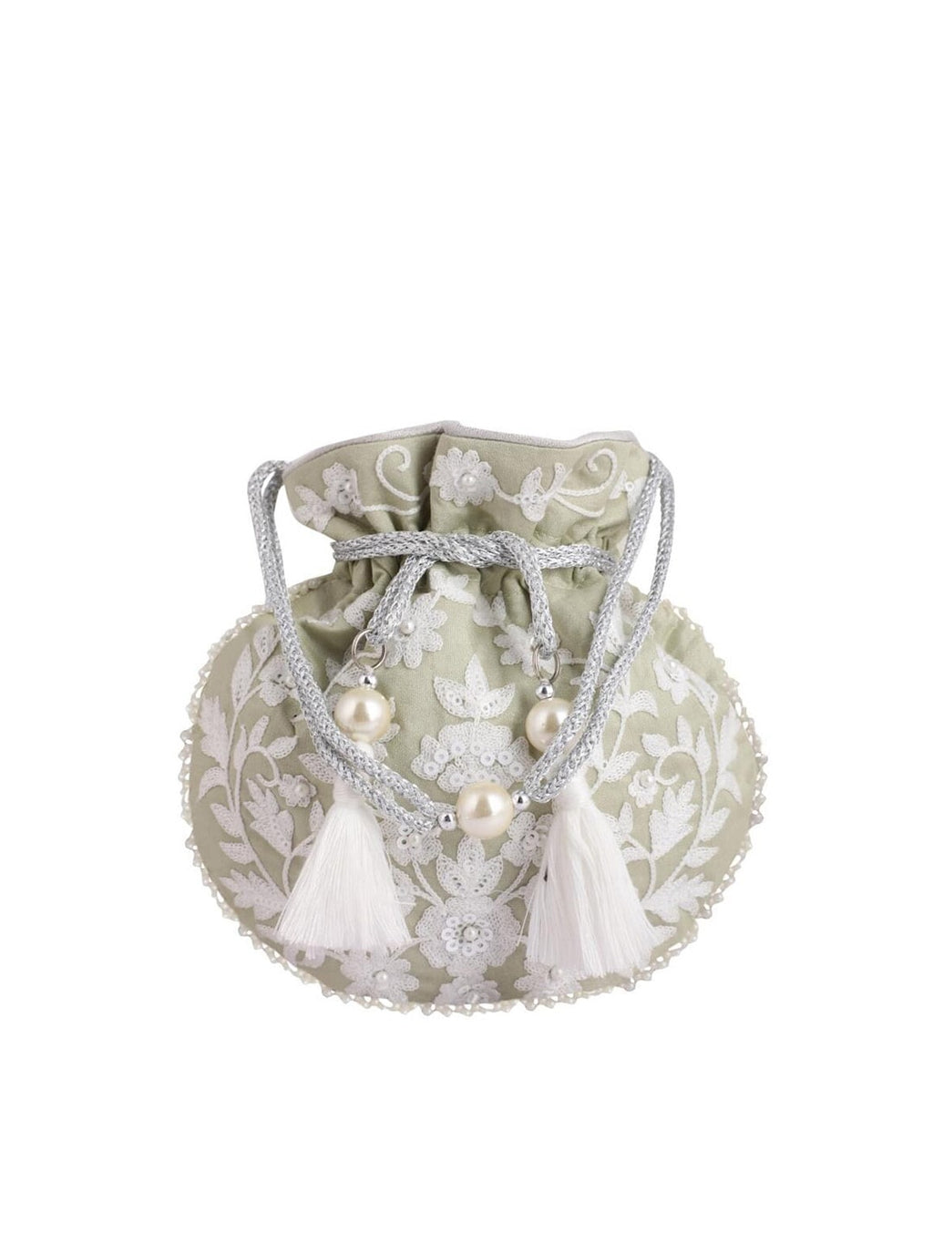 Masq Green & White Embellished Embroidered Potli Clutch