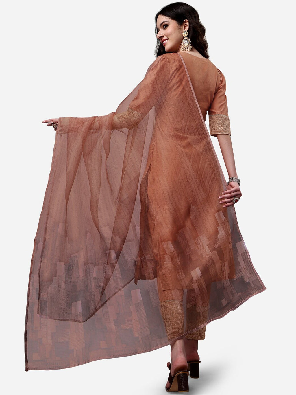 HERE&NOW Lucknowi Chikankari Schiffli Chanderi Silk Kurta Trousers with Organza Dupatta