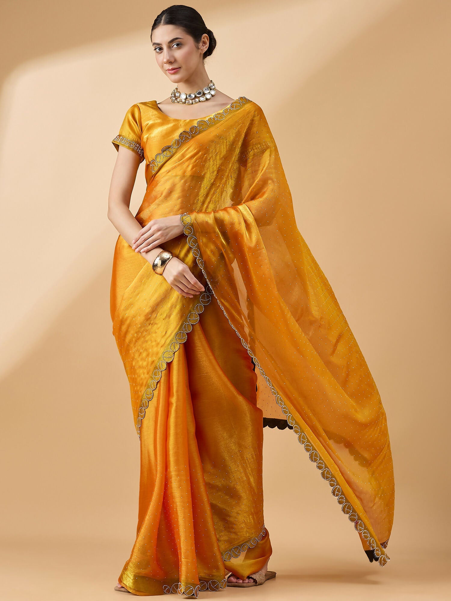 Mustard Organza Swaroski Diamond Work Saree with Unstitched Blouse - Radha