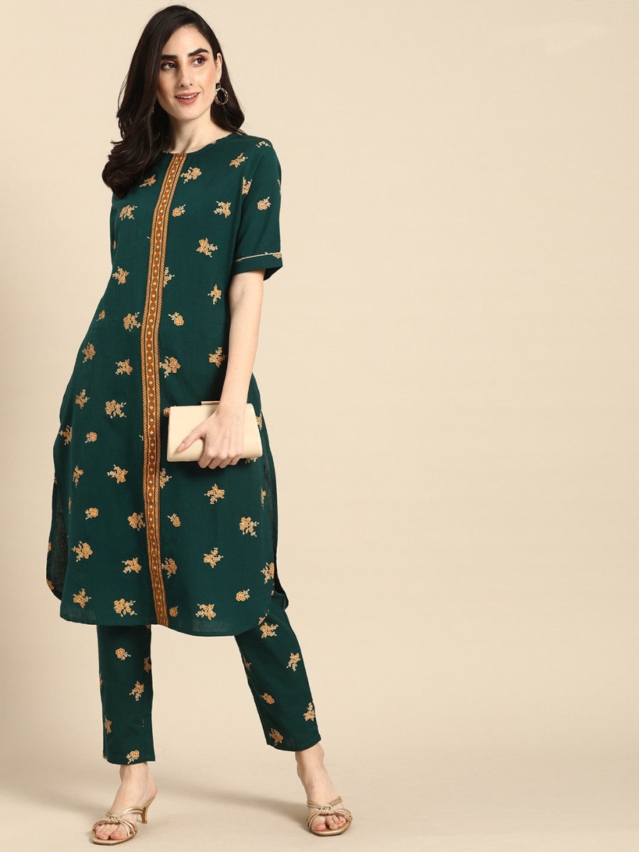All About You Women Green & Brown Floral Printed Regular Pure Cotton Kurta with Trousers