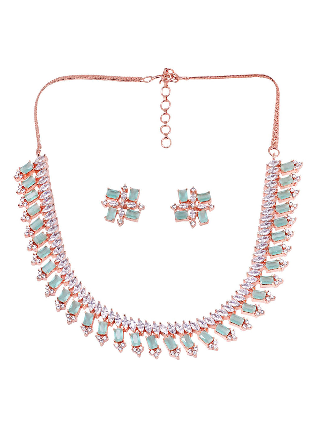 Saraf RS Jewellery Sea Green & Rose Gold-Polished American Diamond Studded Jewellery Set