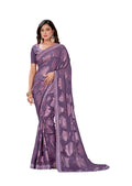 Purple Georgette Zari Jacquard Embroidered Border With Mirror Work Saree With Unstitched Blouse Piece - Norita Zaina