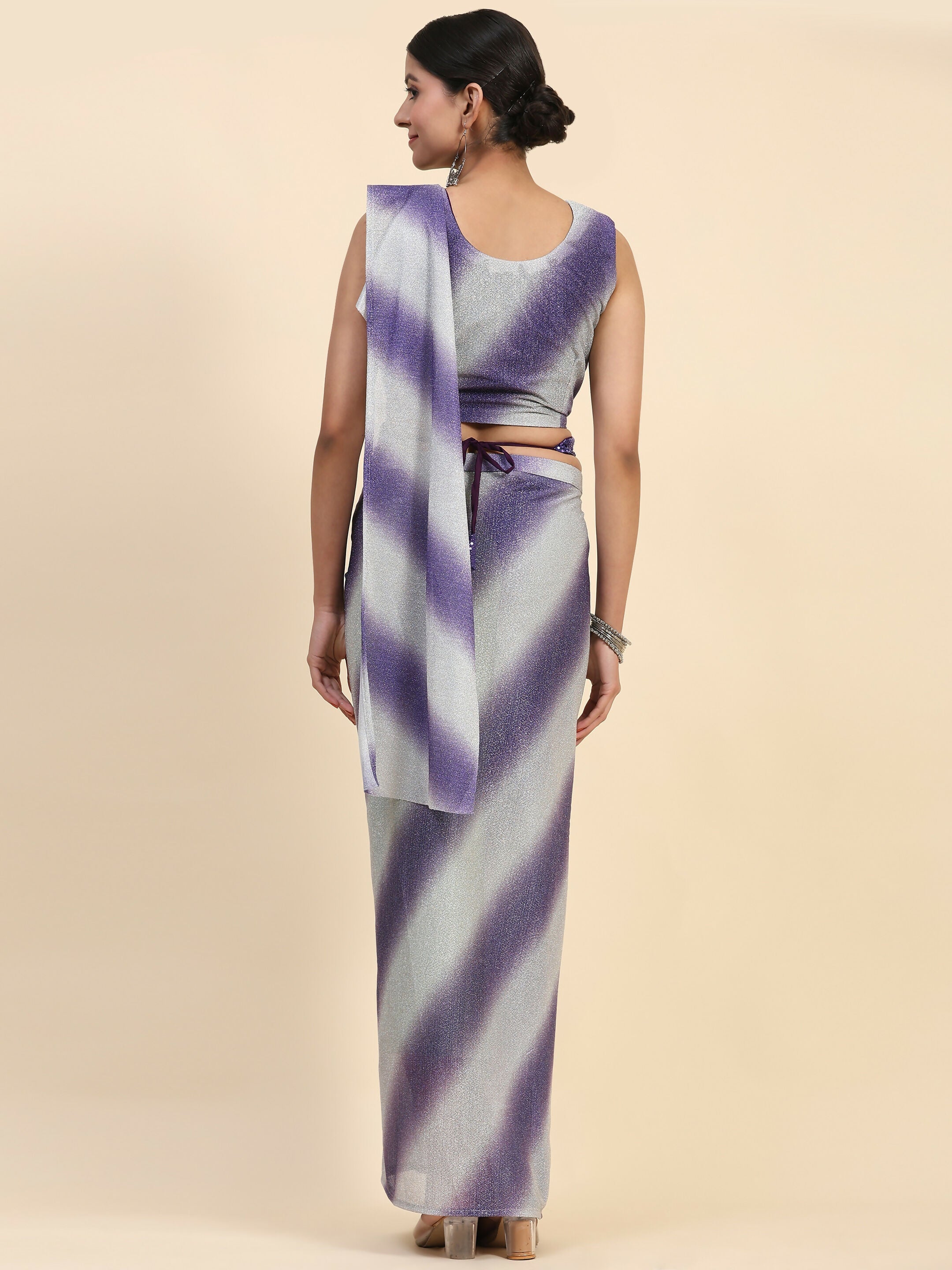 Purple Polyester Solid Ready to Wear Saree with stitched Blouse - Aayan