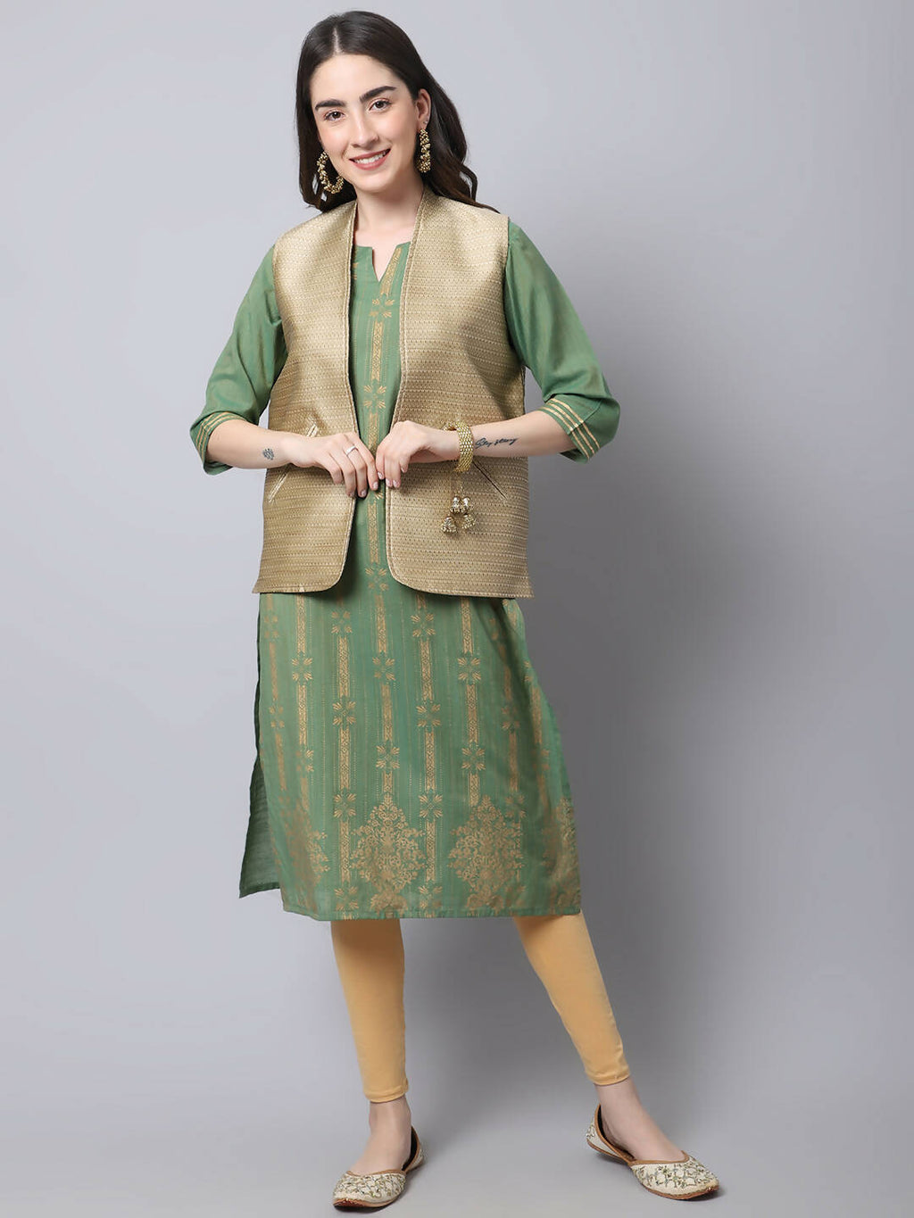 Even Apparels Beige Bansari Silk Open Front Gillet