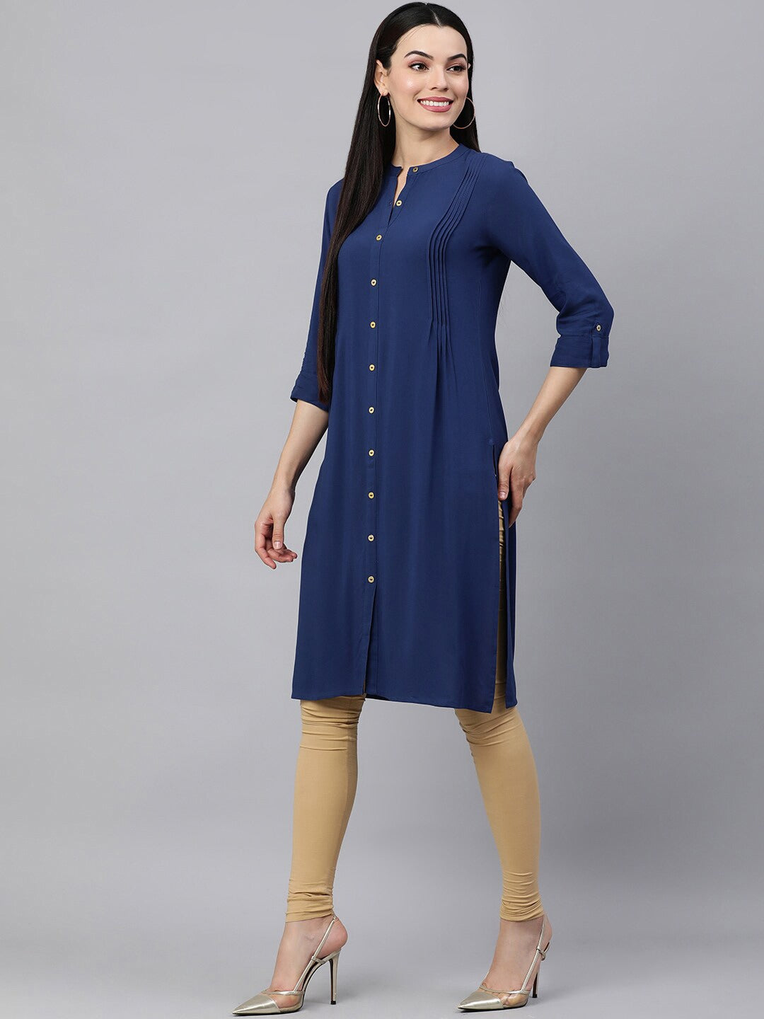 HERE&NOW Band Collar Roll UP Sleeves Knee Length Kurta