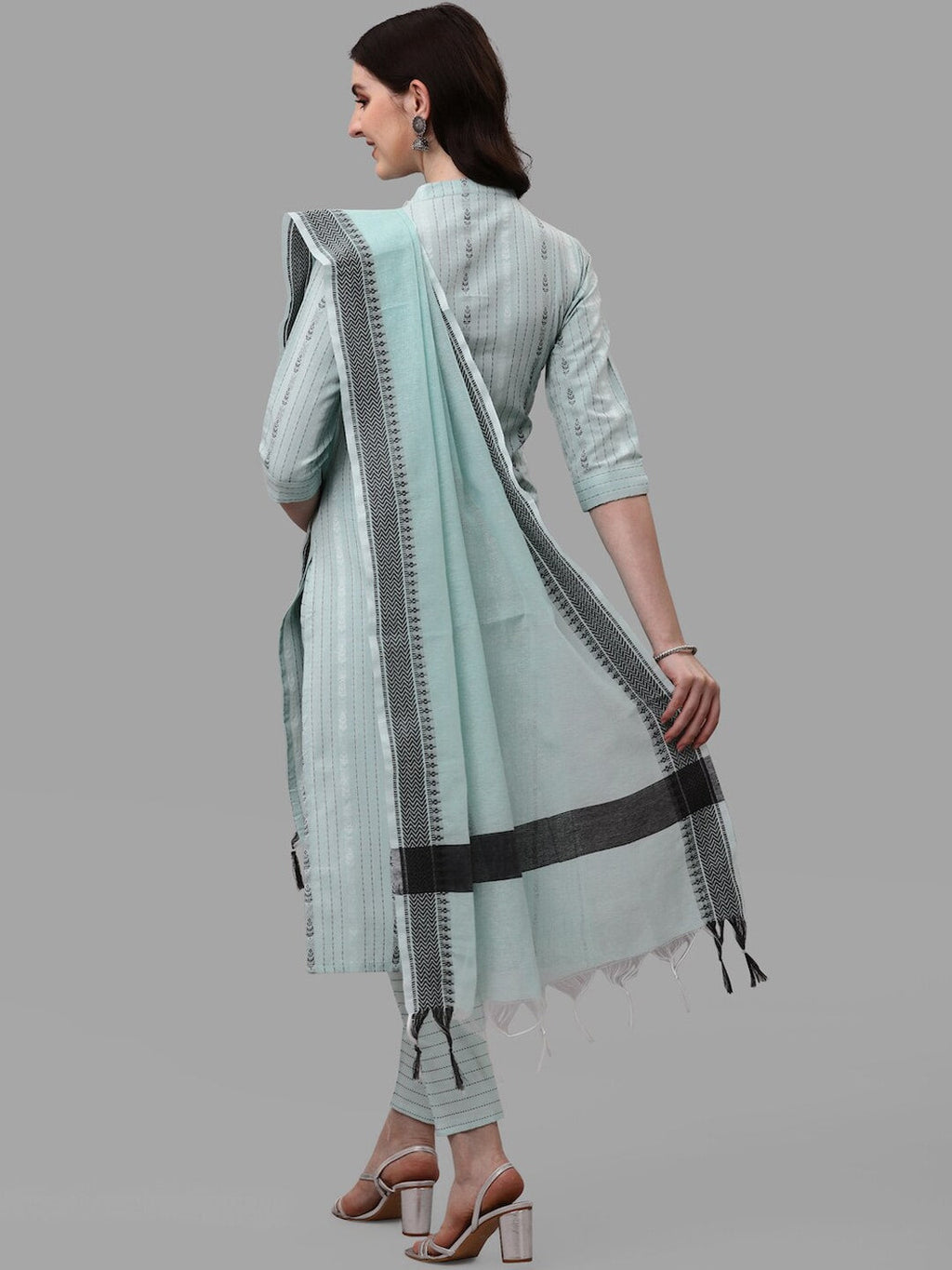 HERE&NOW Turquoise Blue Striped Regular Pure Cotton Kurta With Trousers & Dupatta