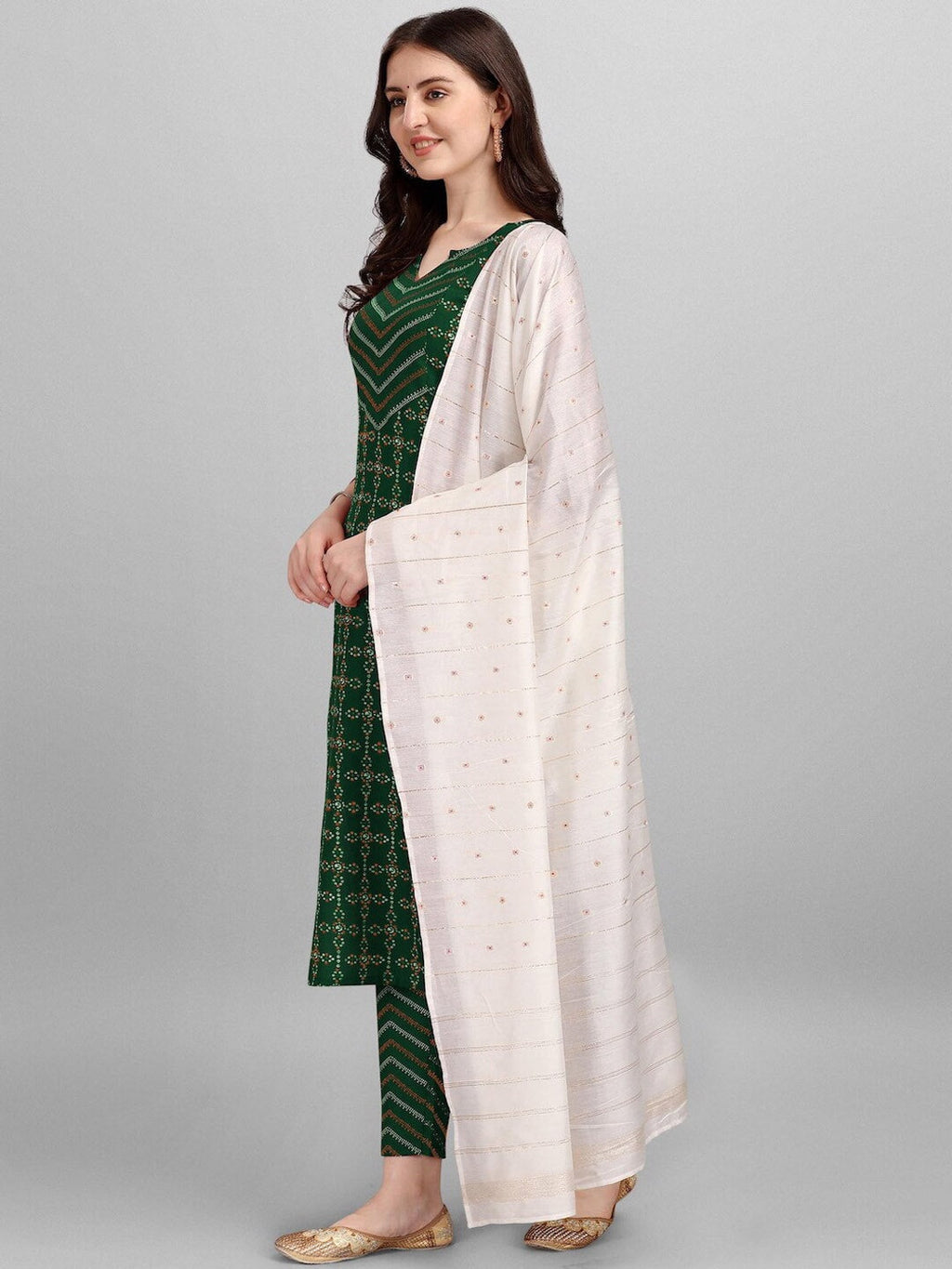 HERE&NOW Green & White Geometric Printed Pure Cotton Kurta With Trousers & Dupatta