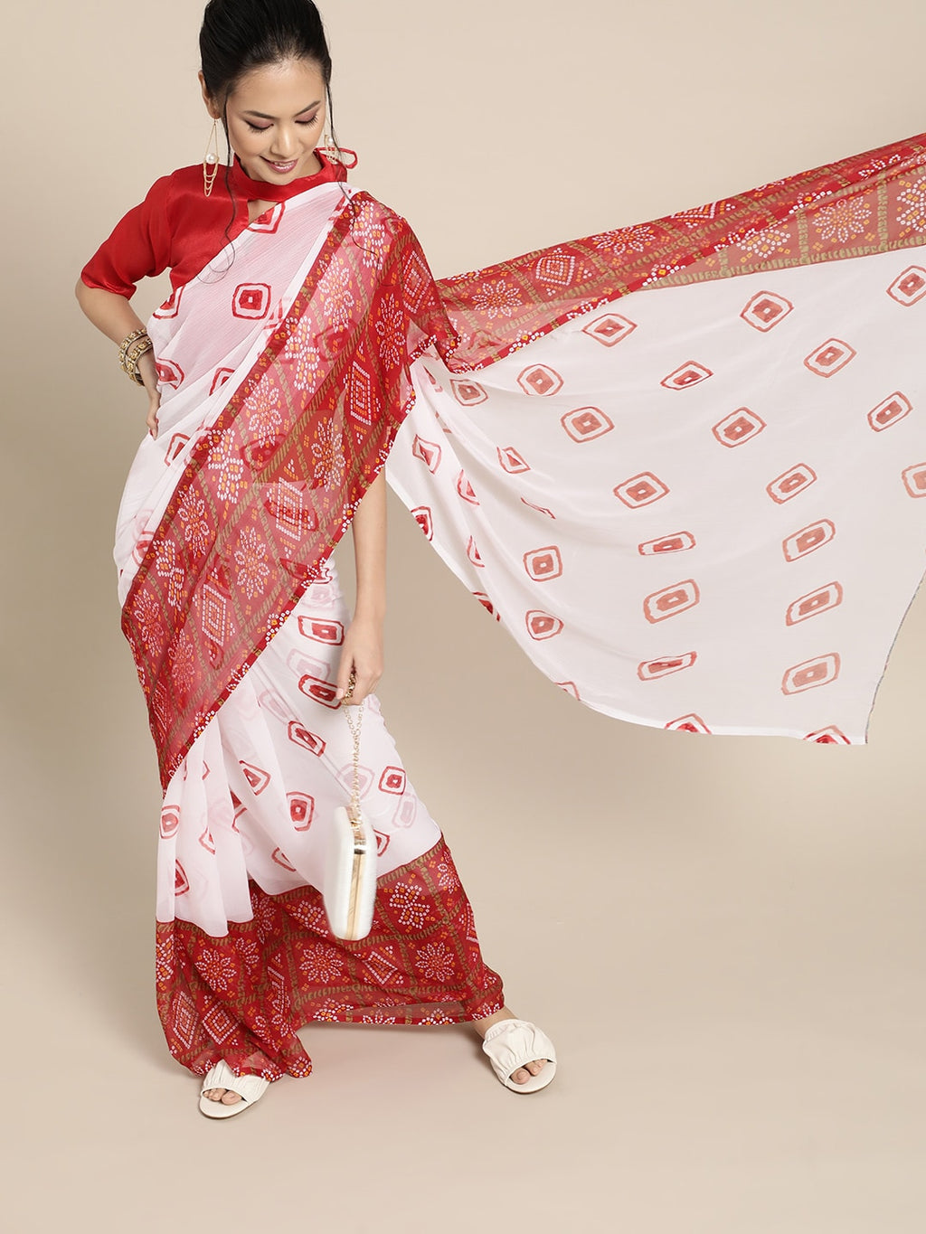 Saree Mall Bandhani Poly Chiffon Saree with Printed border