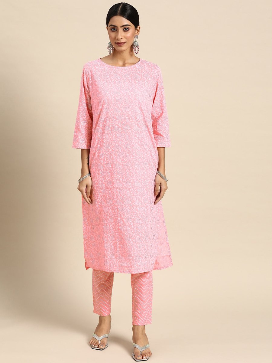 All About You Women Pink Ethnic Motifs Printed Pure Cotton Kurta with Trousers