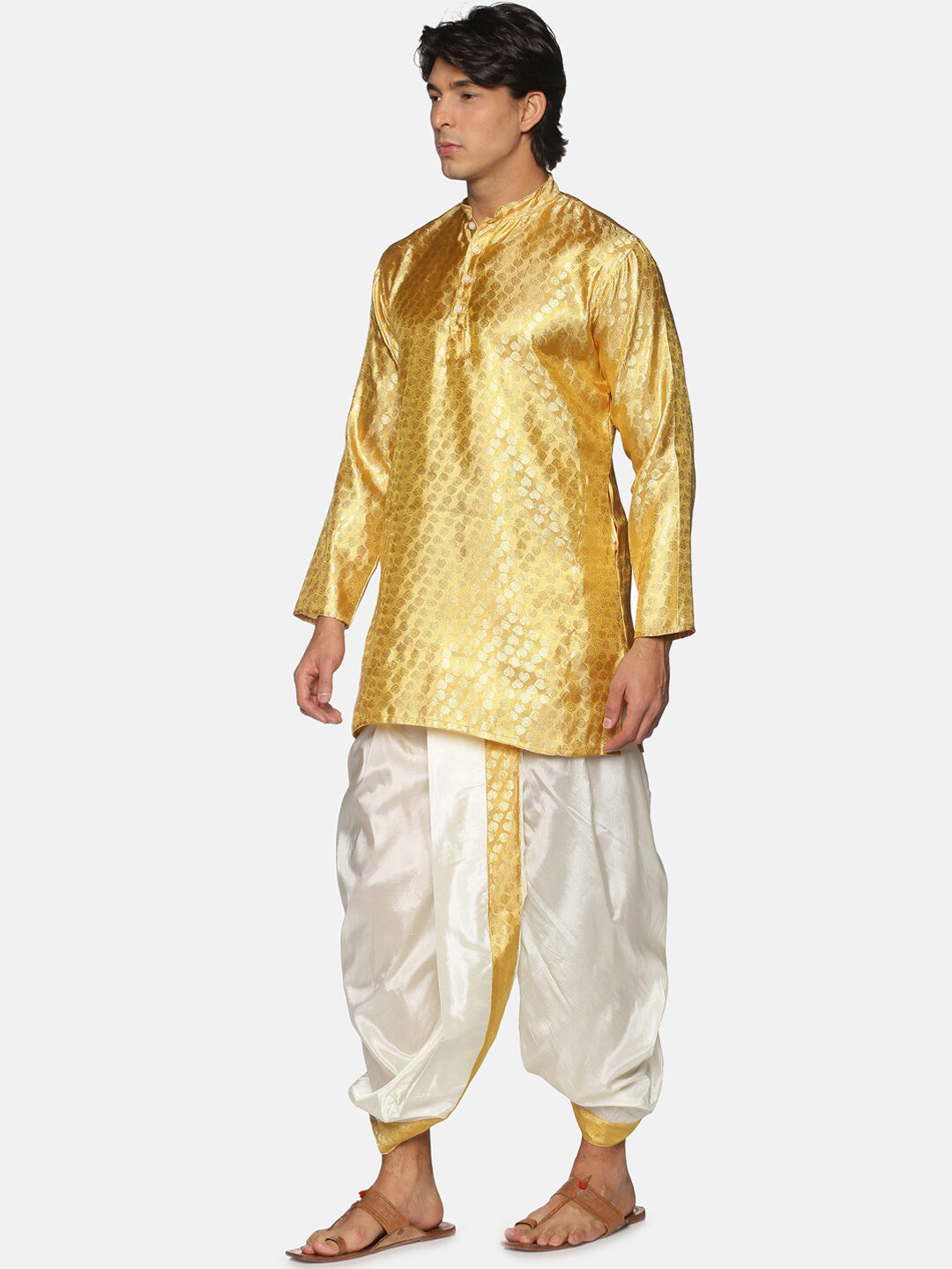 Sethukrishna Men Gold-Toned Ethnic Motifs Woven Design Kurta with Dhoti Pants