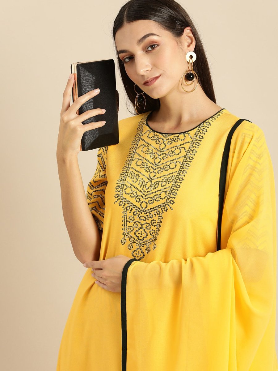 All About You Women Yellow Printed Kurta with Trousers & With Dupatta