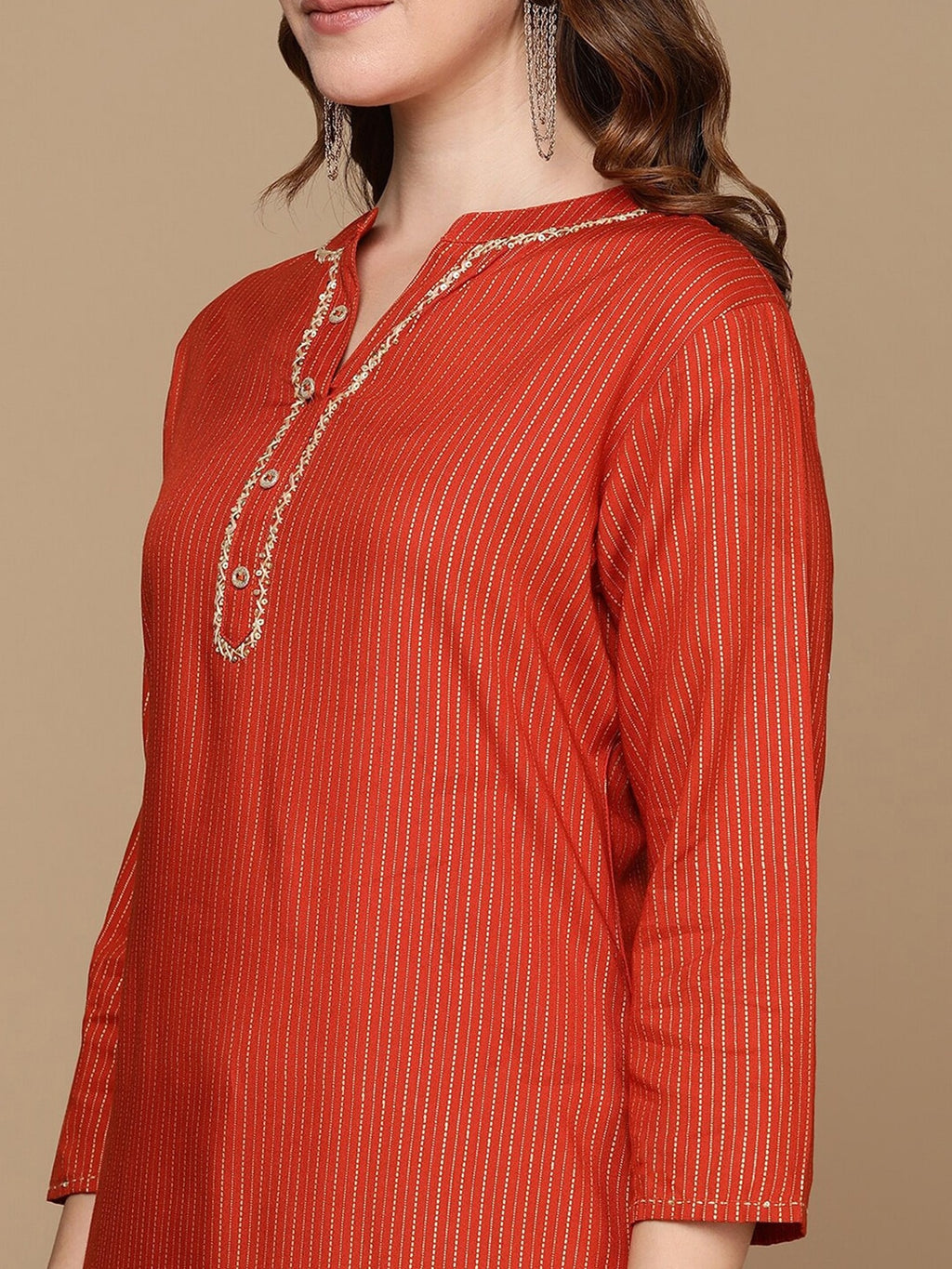 HERE&NOW Orange & Gold-Toned Mandarin Collar Striped Sequined Straight Kurta