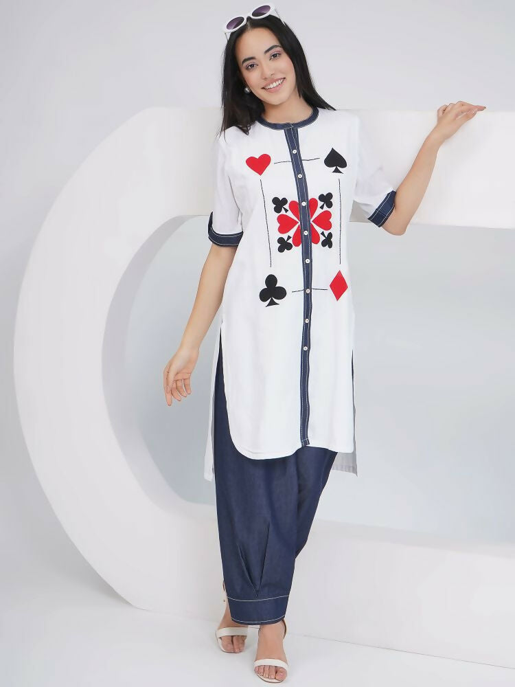 Joban Fashion White Rayon Crepe Applique Embroidered Shirt with Afghani Pants