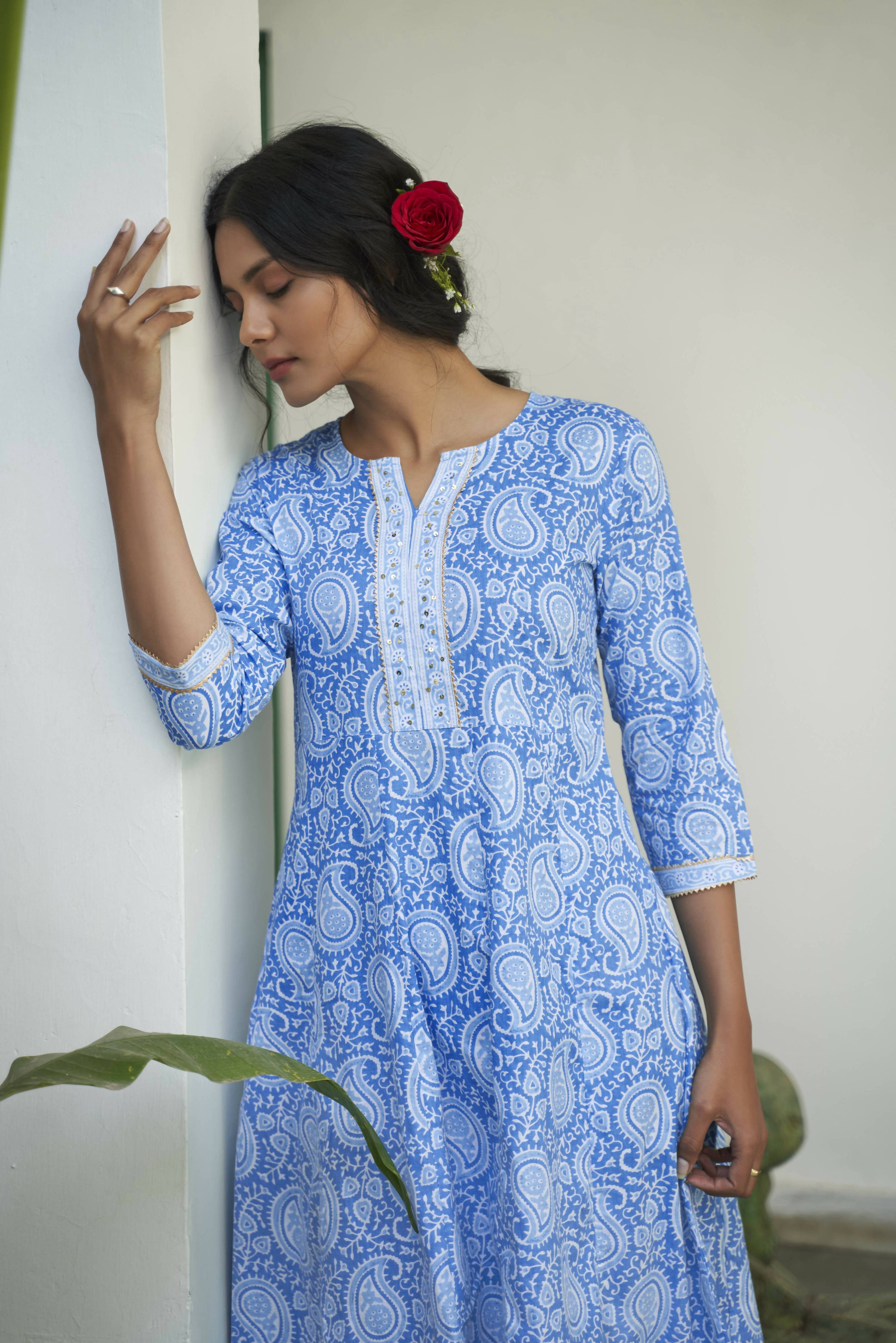 Blue Cotton Paisley Printed A line Kurta - Prasuti