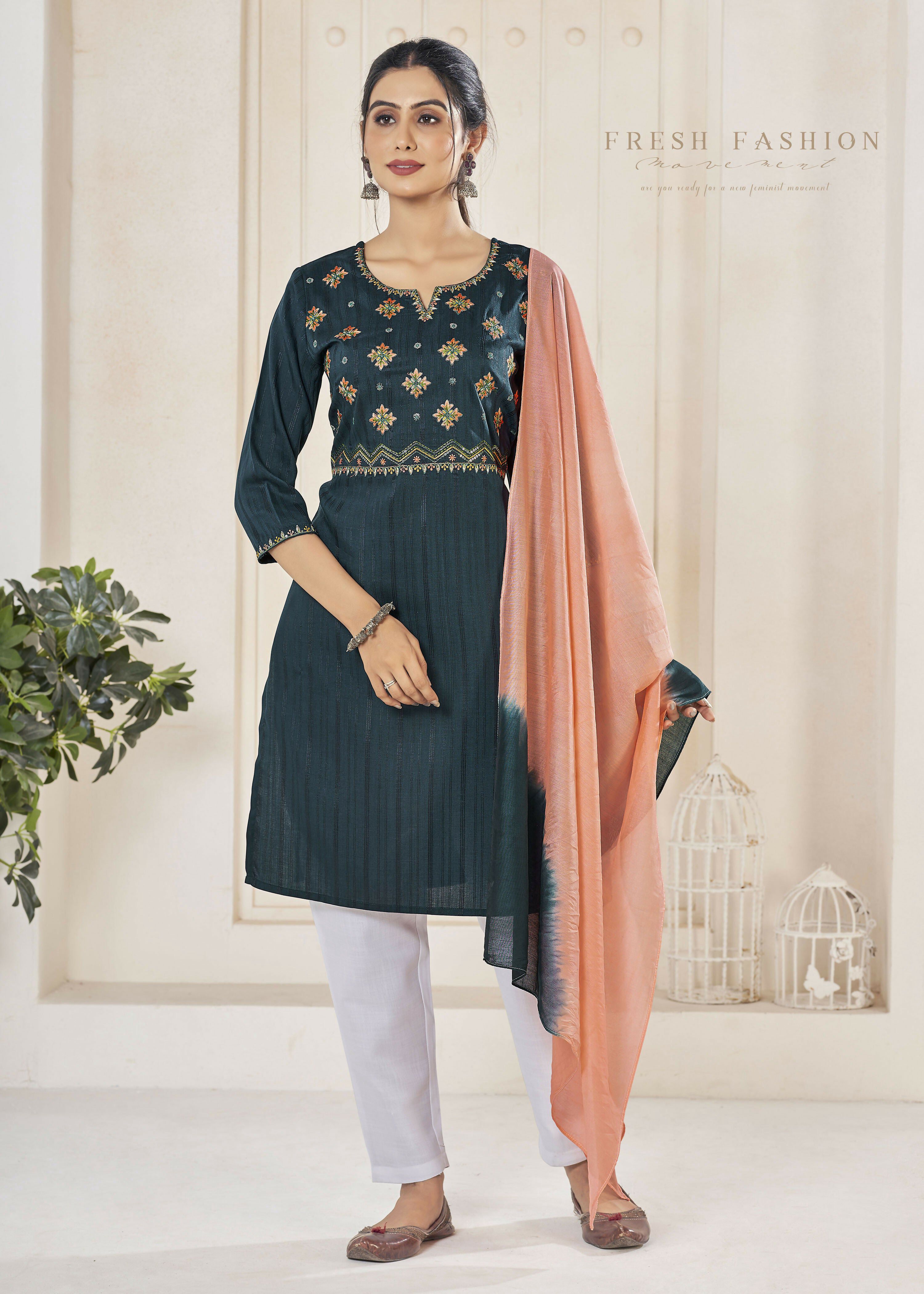 Jyoti Fashion Women's Morpich Pure Viscose Weaving Stripe with Embroidery Kurta Set