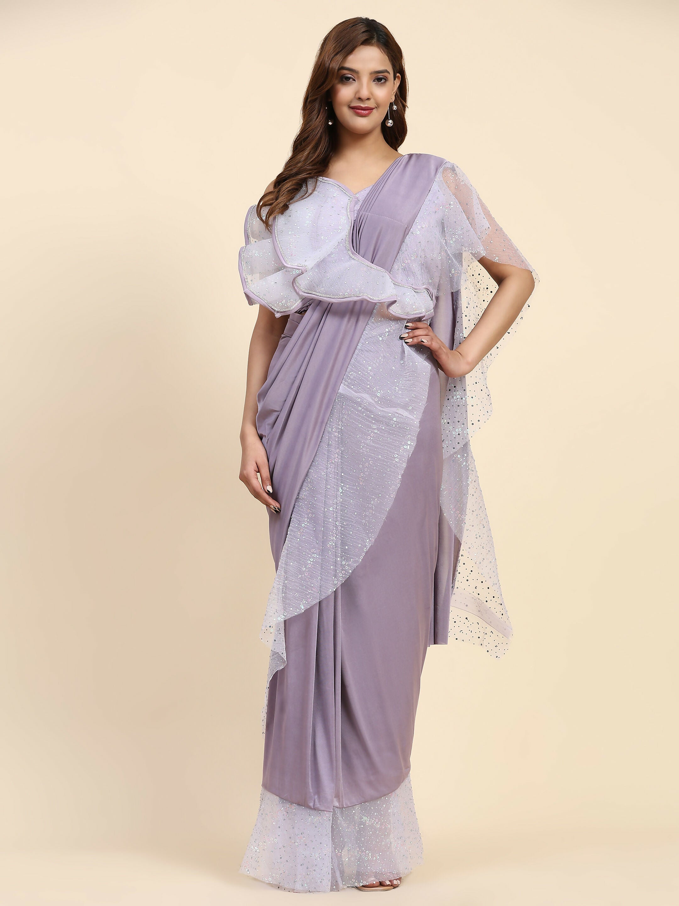 Light Purple Lycra Solid Ready to Wear Saree with stitched Blouse - Nita