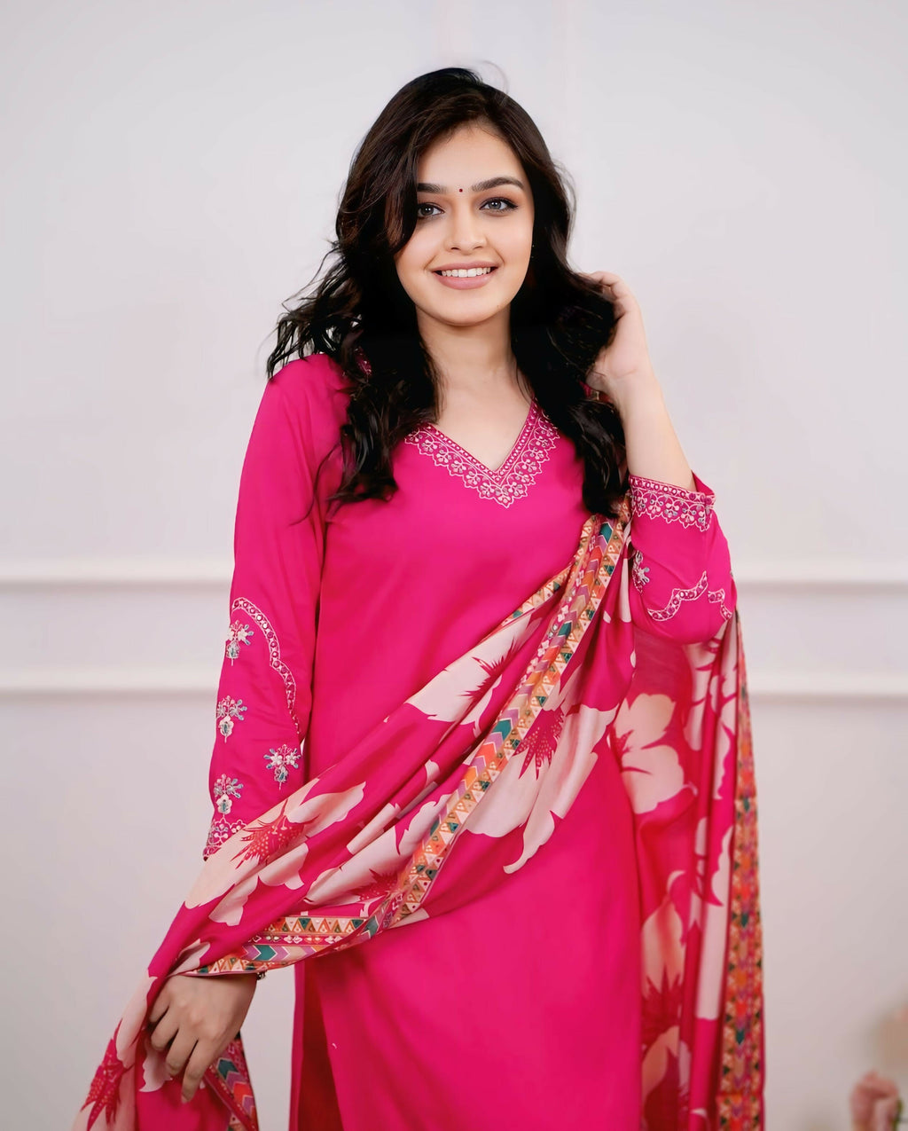 The52 Pink Women's Beautiful Viscose Silk Fabric Embroidered Work Straight Kurta Pant and Dupatta Set