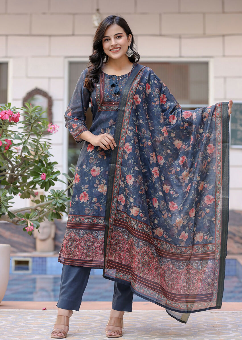 Kaajh Women's Navy Blue Digital Print Flora Chanderi Kurta Pant Set With Dupatta