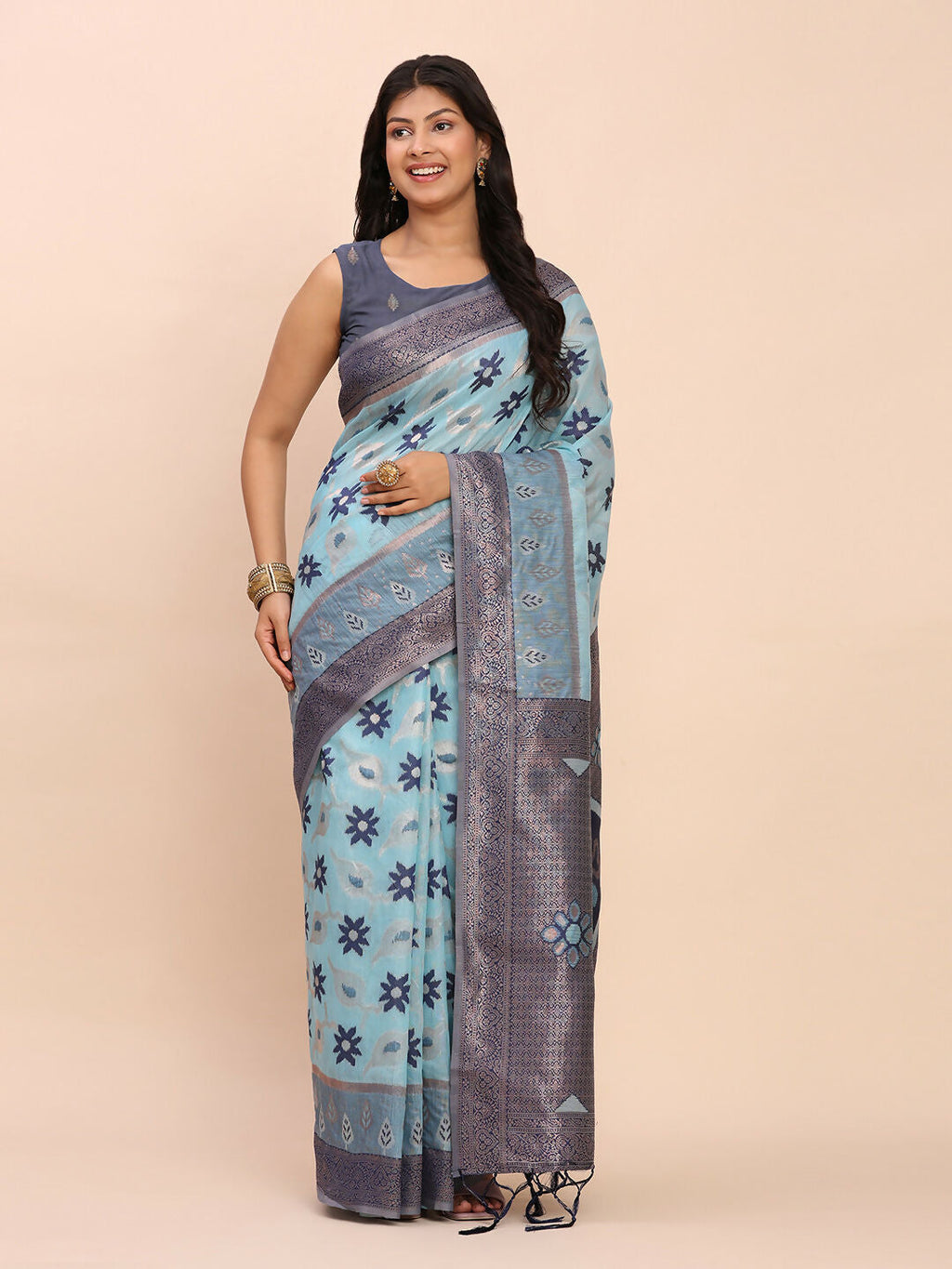 Shree Shyam Fashion Linen Cotton Sky Blue Saree
