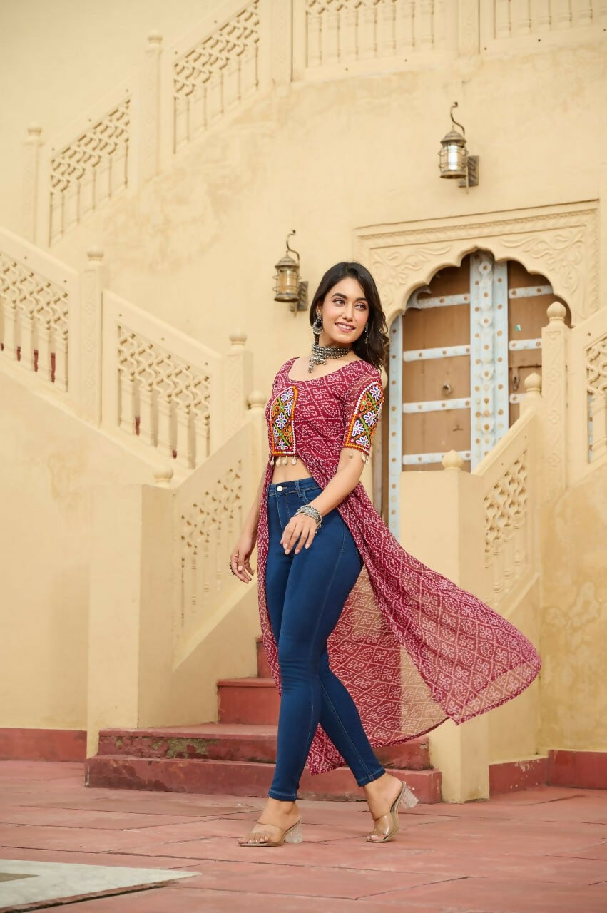 Vastranavya Maroon Navratri Special Kutchi Patch Work with Bandhani Printed Faux Georgette Kurti