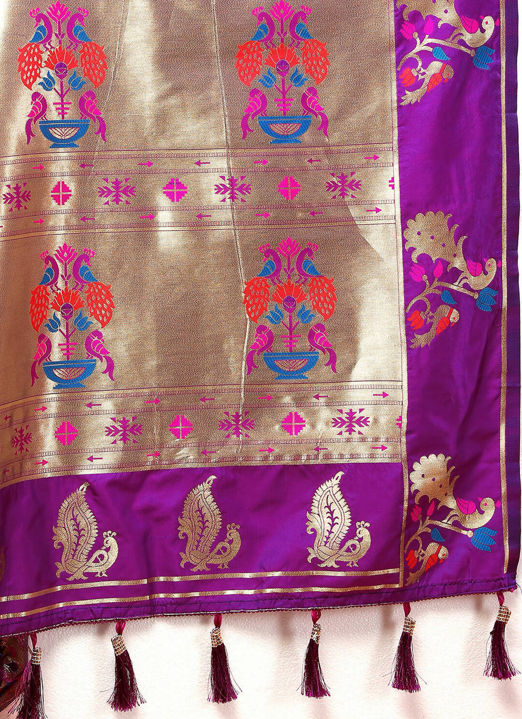 Lorenvalley Fashion Wine Soft Paithani Silk Woven Design Gold Zari Meenakari Weaving Saree