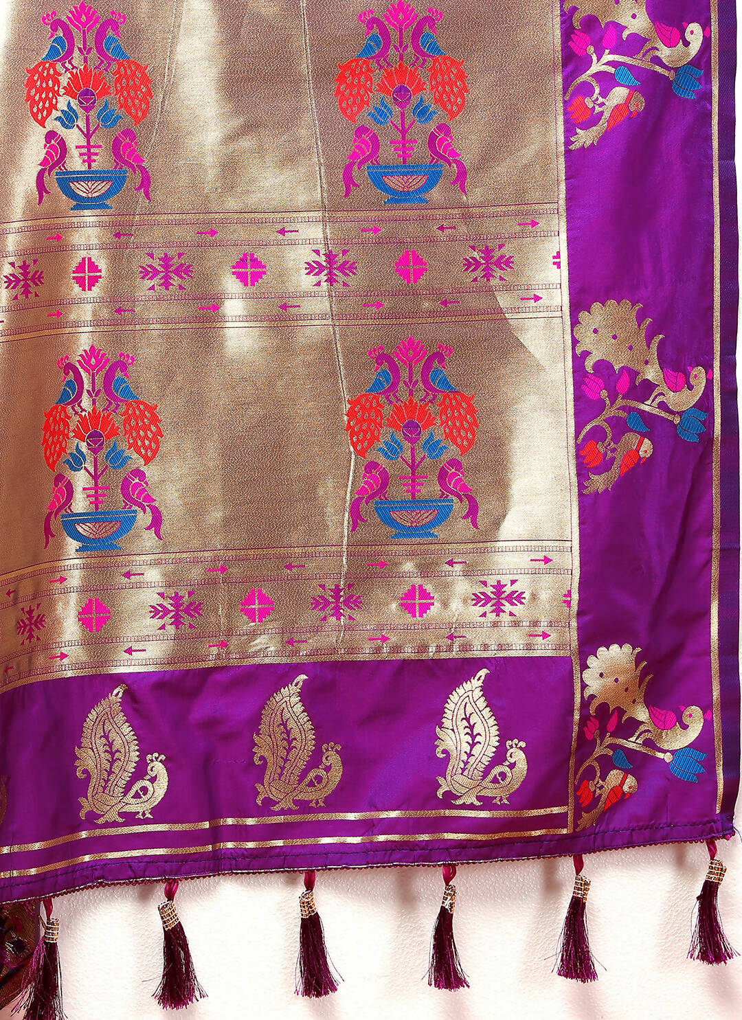 Lorenvalley Fashion Wine Soft Paithani Silk Woven Design Gold Zari Meenakari Weaving Saree