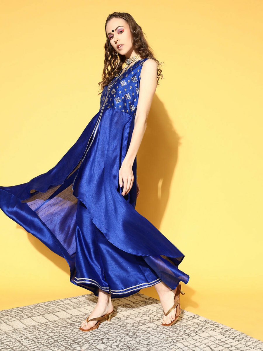 Ahalyaa Women Royal Blue Colour Poly Silk Printed Kurta Palazzo Set