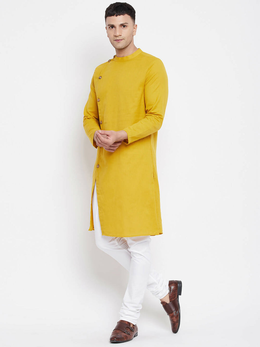 Even Apparels Yellow Pure Cotton Men's Sherwani Kurta With Asymetrical Cut