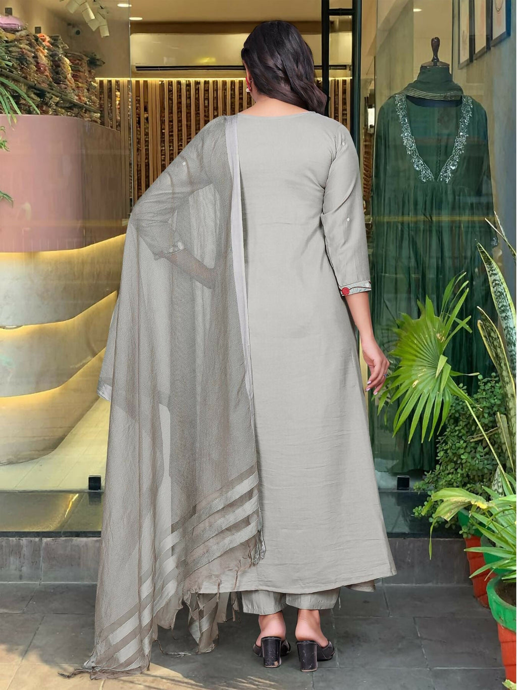 The52 Grey Women's Gorgeous Chinon Viscose Fabric Embroidered Work Straight Kurta Pant and Dupatta Set