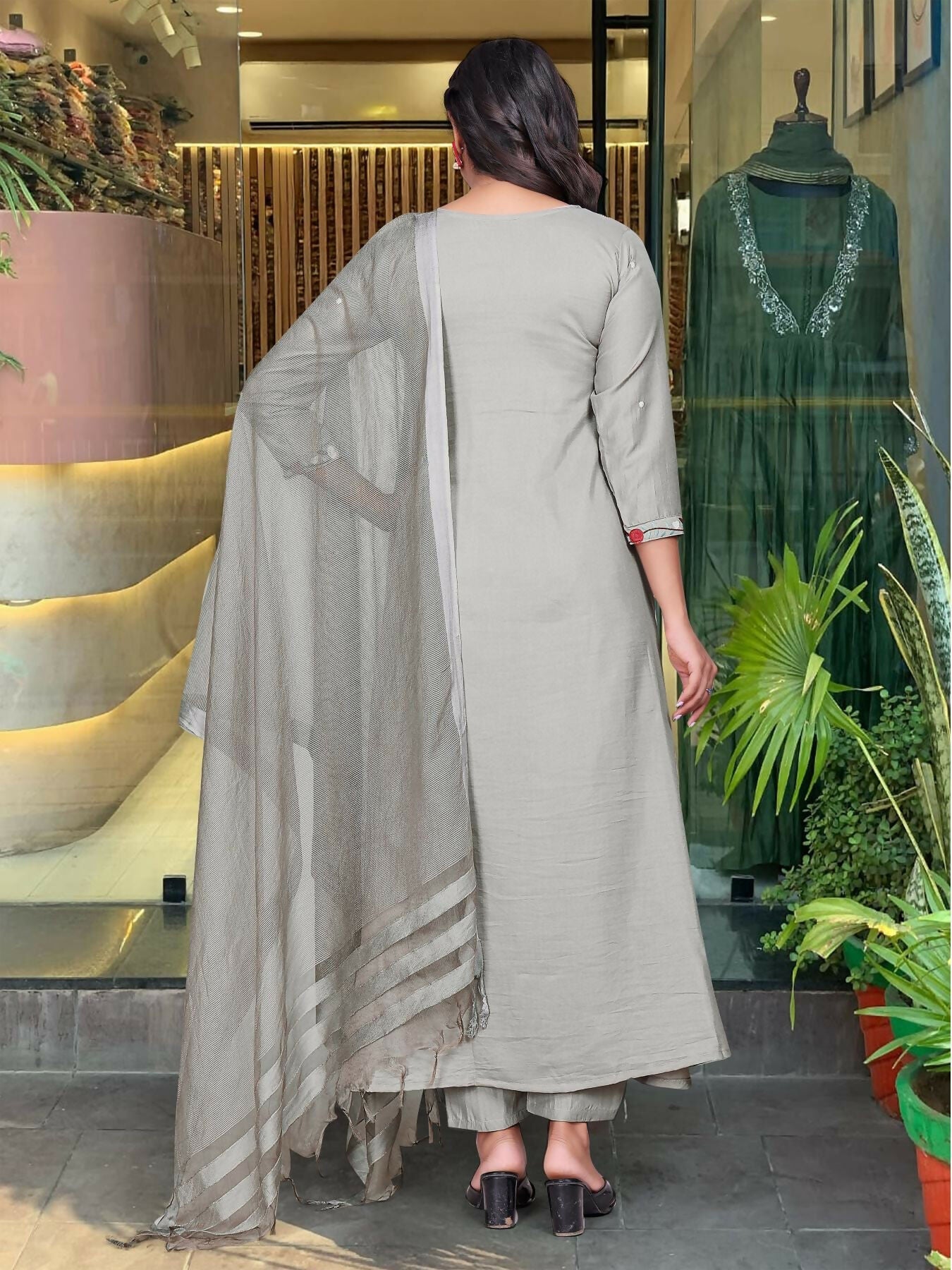 The52 Grey Women's Gorgeous Chinon Viscose Fabric Embroidered Work Straight Kurta Pant and Dupatta Set