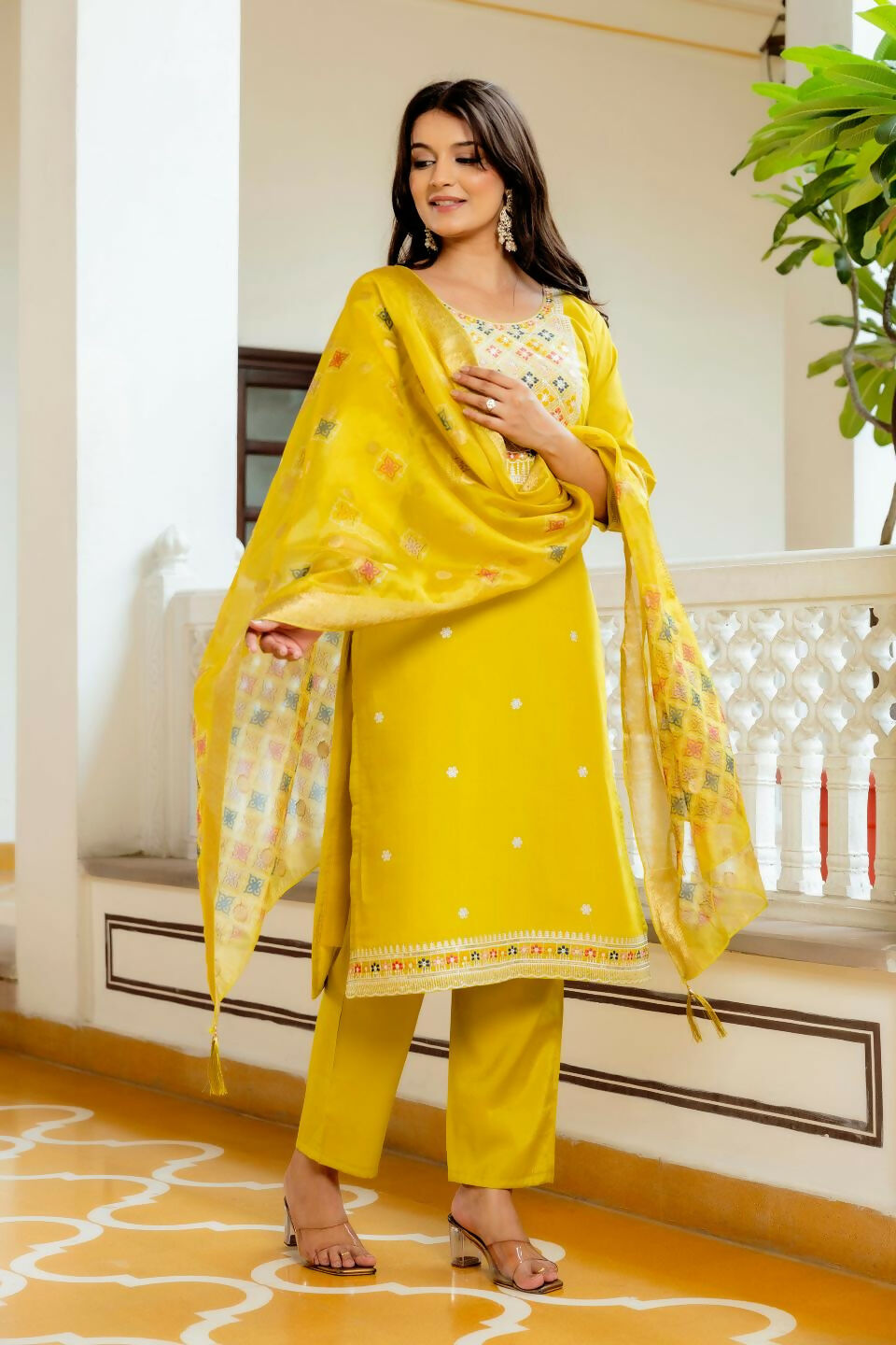 The52 Yellow Women's Beautiful Embroidered Viscose Shimmer Fabric with Straight Kurta, Pant and Dupatta Set