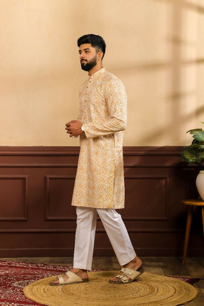 Mustard Art Silk Digital Printed, Embroidery Work Kurta Set - Mahotsav