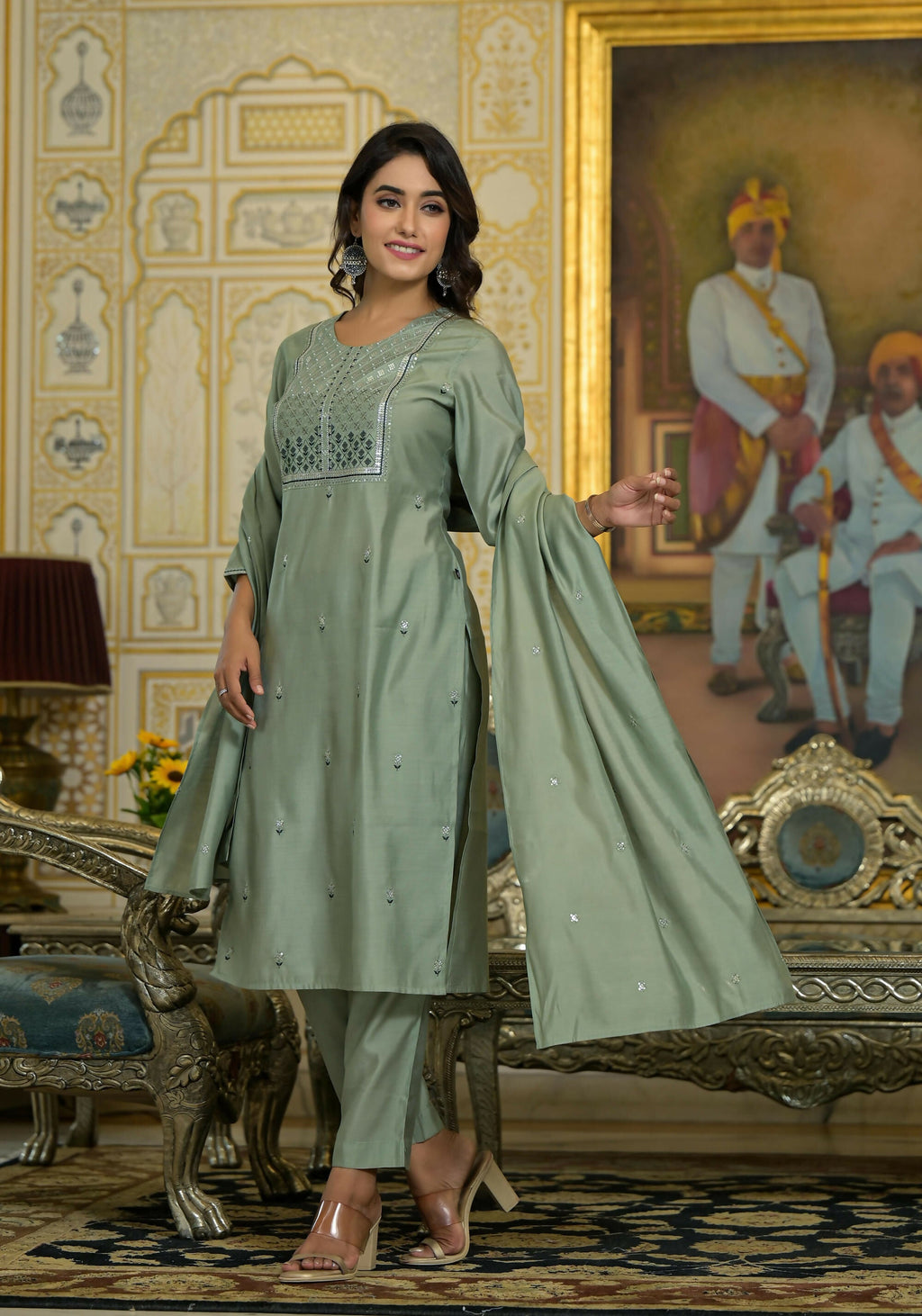 Juniper Women's Mint Viscose Zari & Thread Embroidered Kurta Pant And Dupatta Set With Sequins