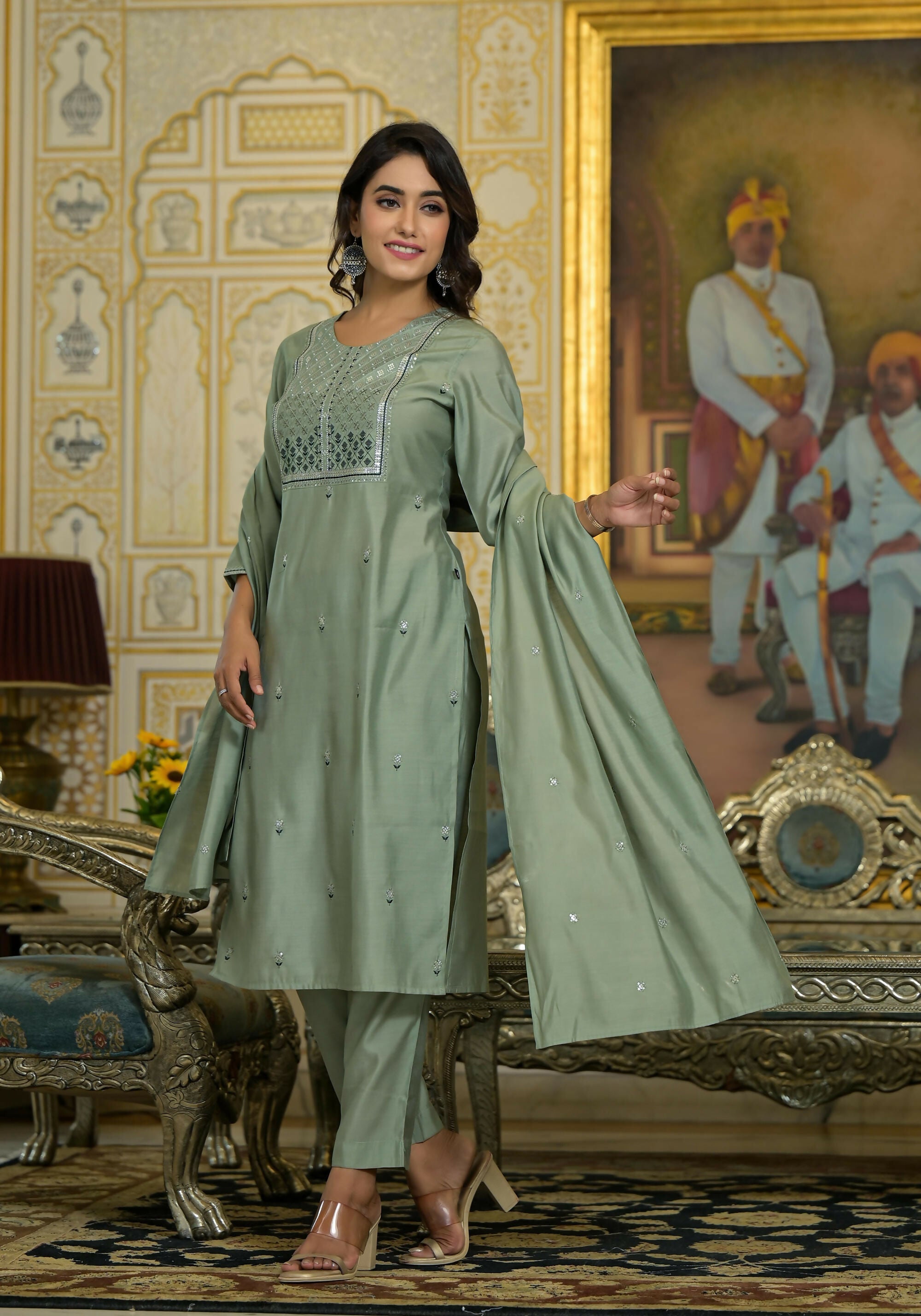 Juniper Women's Mint Viscose Zari & Thread Embroidered Kurta Pant And Dupatta Set With Sequins