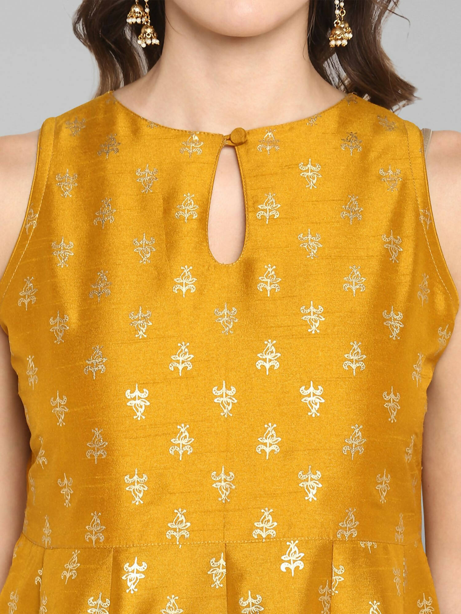 Janasya Women's Mustard Rayon Foil Print Kurti With Palazzo
