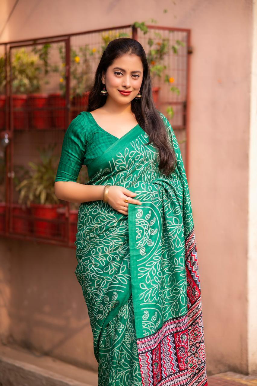 Green Silk Blend Ajrak Saree with Unstitched Blouse - Hiral Fashion