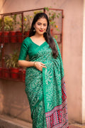 Green Silk Blend Ajrak Saree with Unstitched Blouse - Hiral Fashion