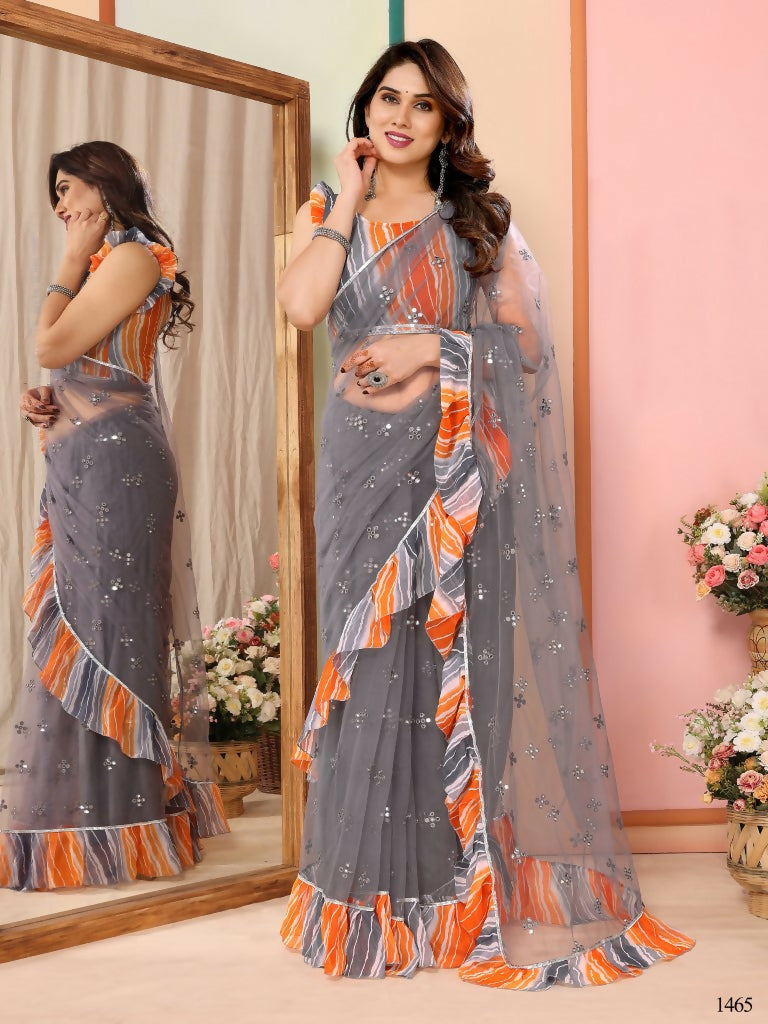 Partywear Designer Grey Net Fancy Saree - Dyuti