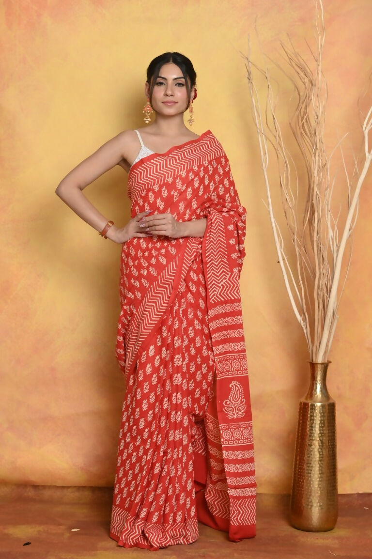 Very Much Indian Handblock Printed Cotton Saree With Natural Dyes - Orange
