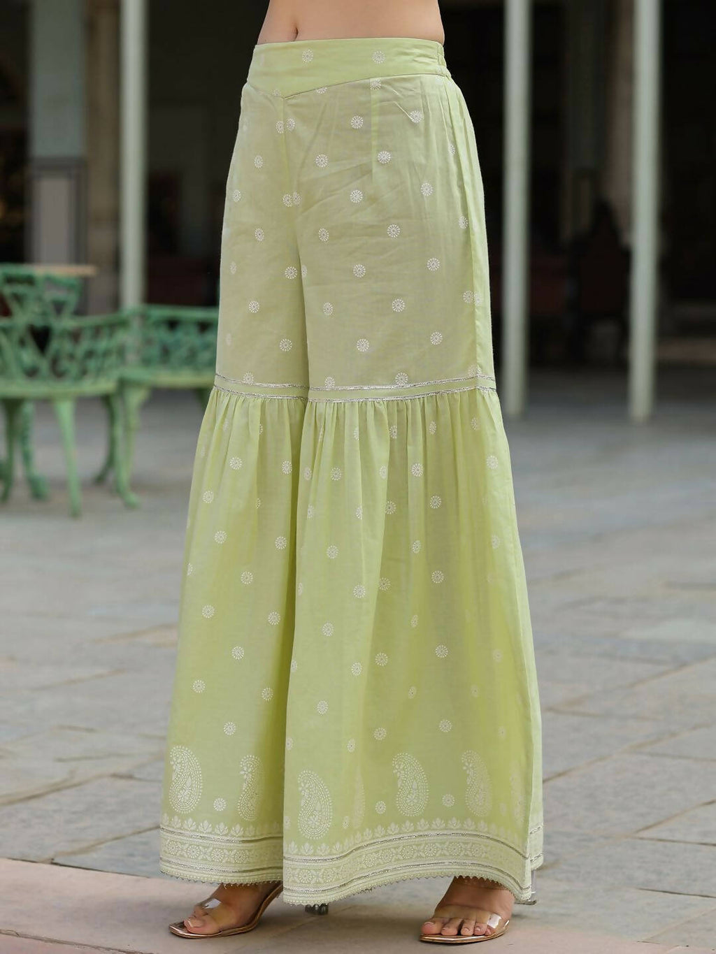 Juniper Women's Lime Green Cambric Floral Print Kurta Sharara Sets