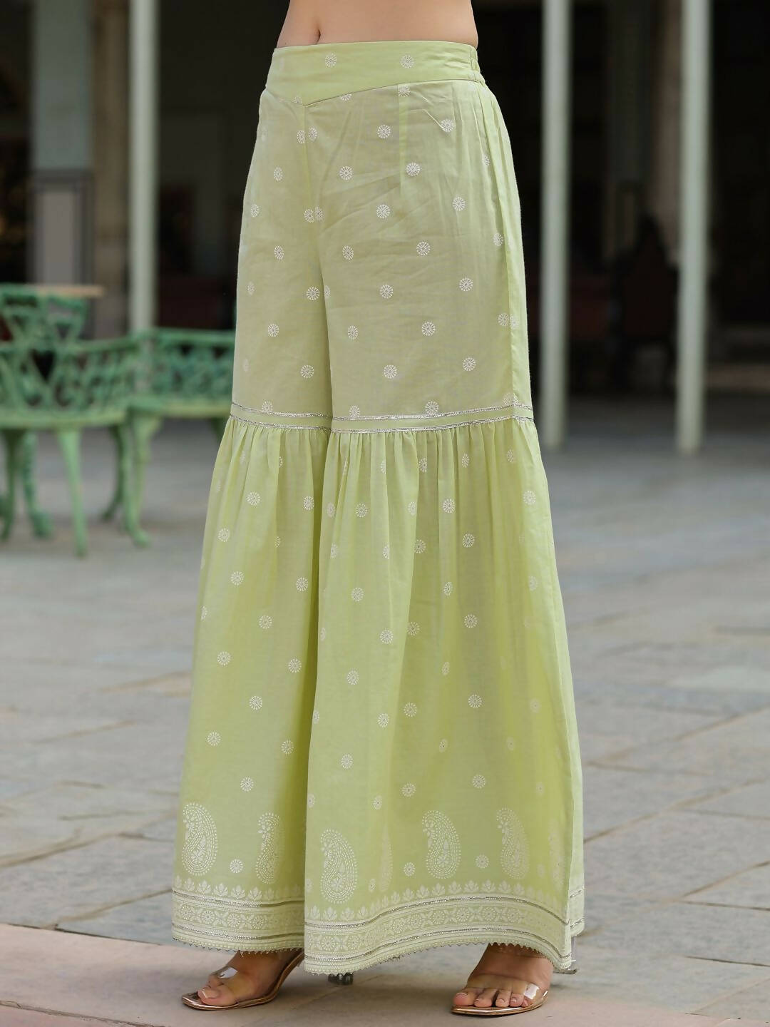 Juniper Women's Lime Green Cambric Floral Print Kurta Sharara Sets