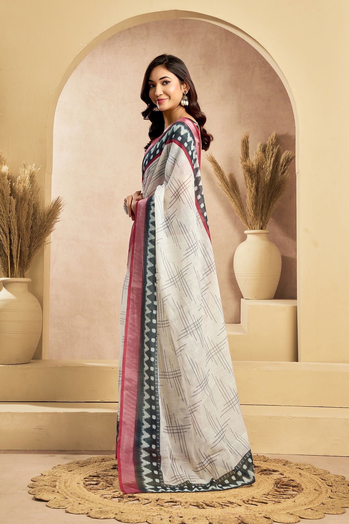 Vastranavya Digital Printed Linen Ready To Wear Pocket Saree with Unstitched Blouse